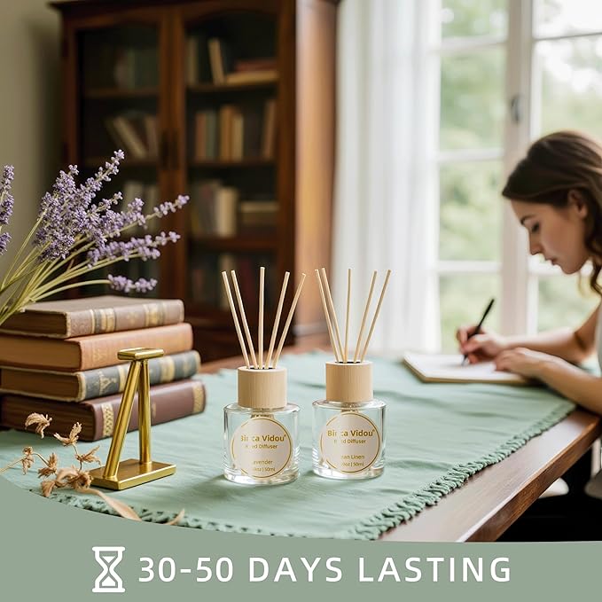 Binca Vidou Reed Diffuser Set Lavender & Linen Natural Scent Theme Oil Diffusers with Sticks for Home Office Bathroom Aromatherapy Decor 1.69oz x 2