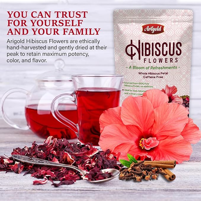 Arigold Pure Whole Petals Hibiscus Tea 1lb ā Dried Hibiscus Flowers, Flor de Jamaica, Hibiscus Sabdariffa, Bissap, Sorrel, hibiscus tea loose leaf Herbal Tea for Agua Fresca, Cocktails, Iced Tea & Hot Tea | Caffeine-Free & Rich in Antioxidants.