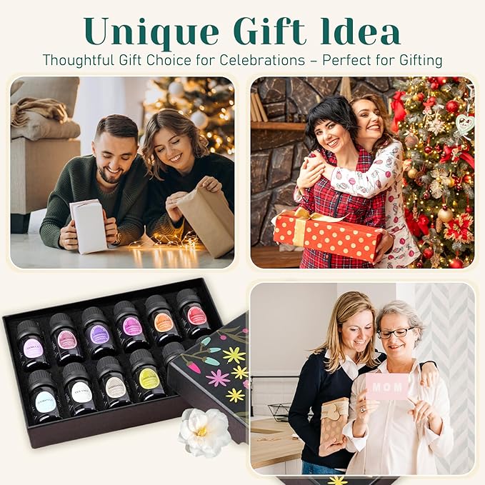 100% Natural Pure Essential Oils Set - Top 12 Organic Undiluted Oils for Aromatherapy Diffuser Plant Therapy,Candle Making,Laundry Fragrance,Humidifiers,Skin Care (0.33 Fl Oz 12 Pack)