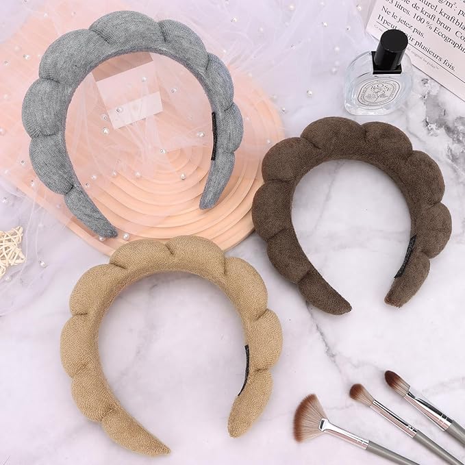 3 Pack Terry Cloth Spa Headbands - Skincare Makeup Headbands With Puffy Hair Band for Face Washing and Skincare Routine