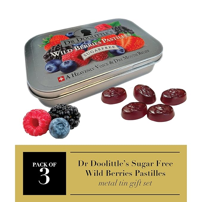 DOOLITTLE Dr Sugar Free Soft Fruit Pastilles for Voice and Throat Gift Set, Wild Berries Flavor, 2.12 Ounce Tin, Approximately 25 Count Package, 3 Tin