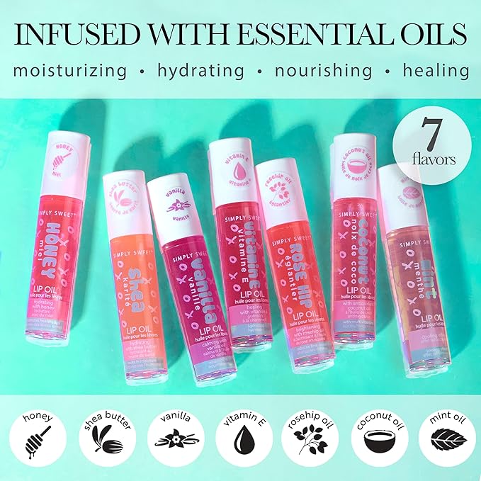 EXPRESSIONS 7pc Lip Oil Collection - High Shine Lip Glow w/Essential Oils, Hydrating Roll On Lip Oils Infused w/Essential Oils - Rollerball Lip Oils, Vitamin Enriched Lip Glow Oil Set
