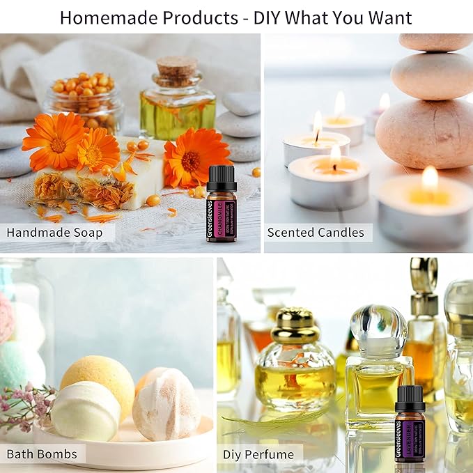 GREENSLEEVES Chamomile Lavender Essential Oil Set, 2 x 10ml Pure Plant-Based Fragrance Oil for Aromatherapy, Essential Oils for Diffuser, Massage, Bath Bomb, Scented Candle Soap Making