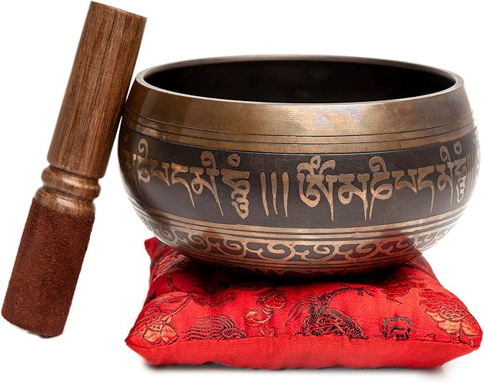 Tibetan Singing Bowl Set Authentic – Handmade in Nepal Sound & Meditation Bowl – Spiritual Decor for Yoga, Wellness Spaces & Relaxation by Himalayan Bazaar (Brown & Red)