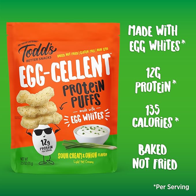 Todd's Better Snacks Egg-Cellent Protein Puffs, Sour Cream & Onion – 12g Protein, Gluten-Free, Paleo-Friendly, Baked, GLP-1 Compliant – Healthy Snack, Made with Egg Whites – 2.5 Oz (Pack of 4)