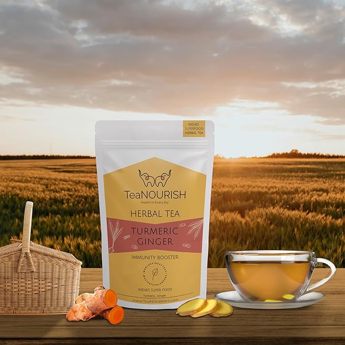 TeaNOURISH Turmeric Ginger Herbal Tea | Indian Superfoods | Aids Digestion & Supports Immunity | Stress Relief Tea | 100% NATURAL INGREDIENTS - 3.53oz/100g