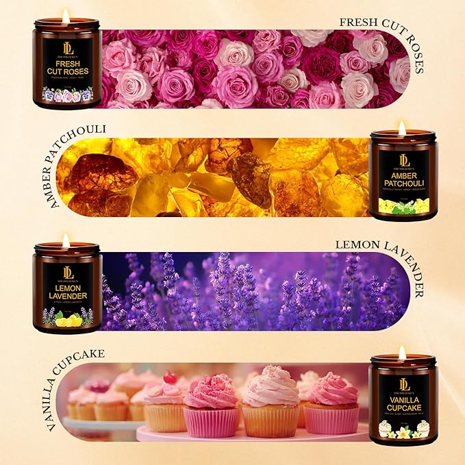 4 Pack Candles for Home Scented, 28 oz Soy Aromatherapy Candle Set, Mother's Day Candle Gifts for Women, Scents of Fresh Cut Roses/Lemon Lavender/Vanilla Cupcake/Amber Patchouli