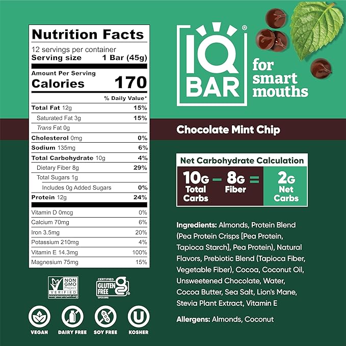 IQBAR Brain and Body Plant Protein Bars - Chocolate Mint Chip - 36-Count - Keto, Vegan, Low Carb, High Fiber, Gluten Free, Dairy Free, Low Sugar Snack with Nutrients for Focus, Energy, Meal Replacement