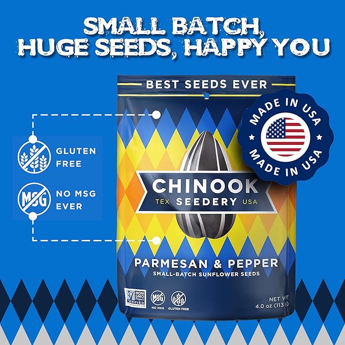 Chinook Seedery Roasted Sunflower Seeds - Jumbo Seeds Keto Snacks - Best For Snack Packs - Gluten Free, Non GMO Snack Food Gifts - 4 Ounce (Pack of 3) - Parmesan & Pepper Flavor Pack