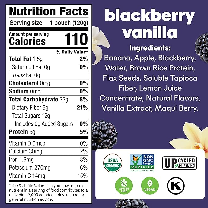 Noka Superfood Fruit Smoothie Pouches, Blackberry Vanilla, Healthy Snacks with Flax Seed, Plant Protein and Prebiotic Fiber, Vegan and Gluten Free Snacks, Organic Squeeze Pouch, 4.22 oz, 12 Count
