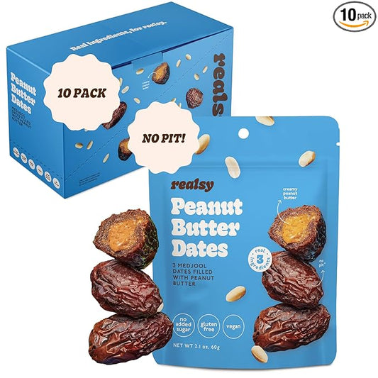 Realsy Peanut Butter Filled Medjool Dates, Organic Dates with No Sugar Added, Gluten-Free, Vegan, Good Source of Fiber, Low Glycemic Index, All Natural Healthy Snack, (10 Pack)