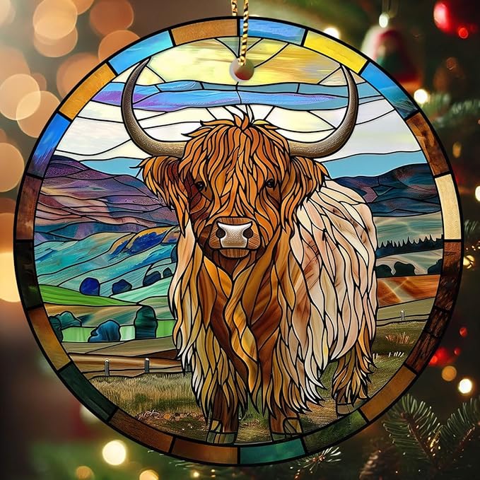 Highland Cow Christmas Ornaments 2025 - Farmhouse Ceramic Tree Decoration, 2-Sided UV Print, for Men Women, Rustic Xmas Decor