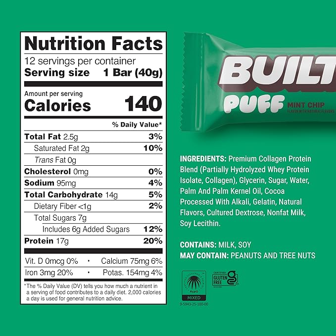 Built Bar, Puff Protein Bars, Mint Chip Puff, 17g Protein Snacks, On-The-Go Bars, Only 140 Calories, 6g Sugar, Collagen, Gluten Free, 12 Count