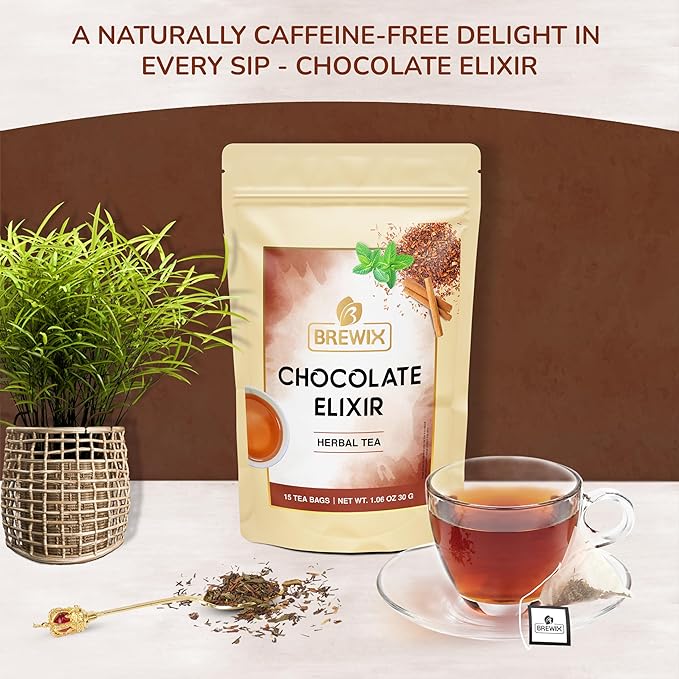 BREWIX, Chocolate Rooibos Herbal Tea (15 Pyramid Tea Bags) | Rich Red Tea with Cocoa, Cinnamon & Mint | Naturally Caffeine-Free | Dessert-Inspired Wellness Blend | Soothing Red Tea for Evening Comfort