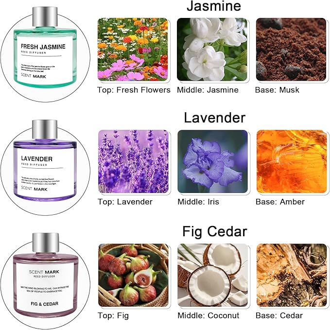 Reed Diffuser Set of 3 Pack,50ML Lavender Jasmine Lemon Basil Scented Oil Diffuser with 5 Sticks,Home Fragrance Reed Diffuser for Bedroom Bathroom Office (Lavender/Jasmine/Fig Cedar)