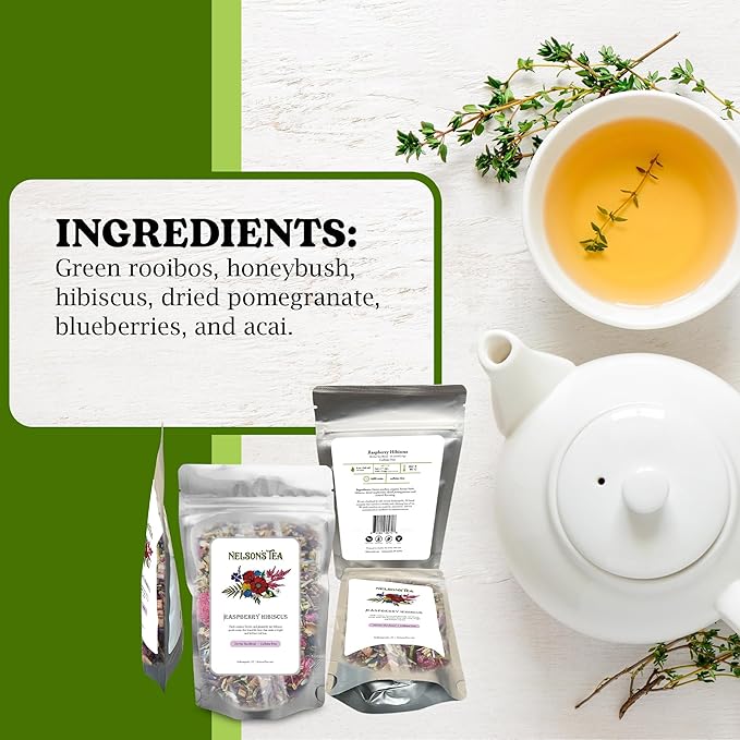 Nelson's Tea Raspberry Hibiscus Tea - Caffeine Free, Cut & Sifted Green Rooibos, Honeybush, Dried Raspberries, Acai, and Pomegranate Loose Leaf (16 oz)
