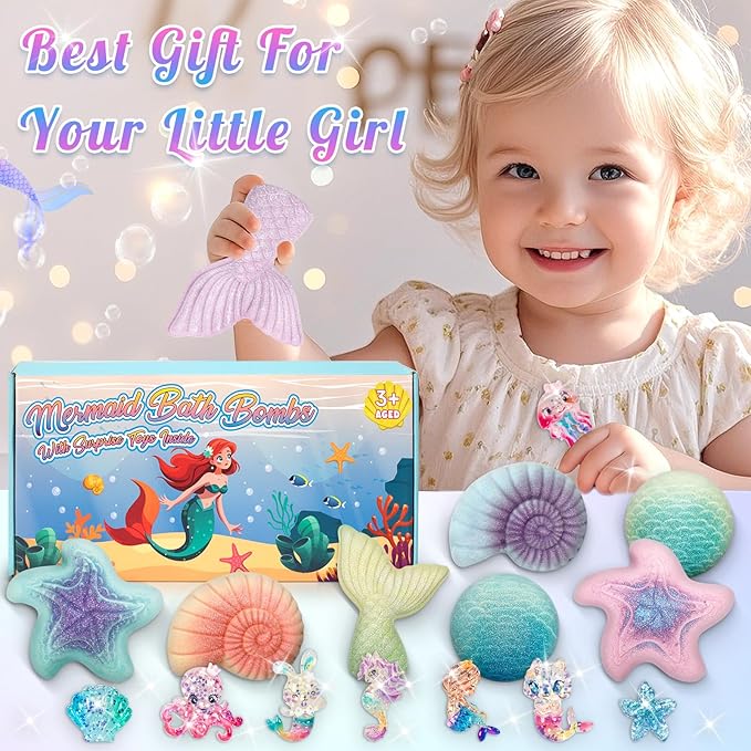 8 Packs Bath Bombs for Kids Girls, Mermaid Bath Bomb with Surprise Toys Inside, Princess Bubble Bath Toys for Kids Aged 4-8, Christmas Birthday Gifts for Girls 3 4 5 6 7 8