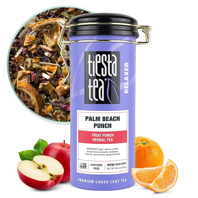 Tiesta Tea - Palm Beach Punch, Loose Leaf, Fruit Punch Herbal Tea, Caffeine-Free Tropical Blend with Apple, Carrots & Orange, Brew Hot or Iced, 4oz Refillable Tin, 50 Cups