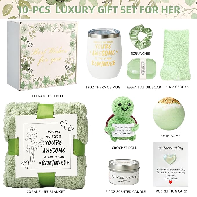 Self Care Gift Basket for Women, Luxury Spa Gift Basket with Blanket, Vanilla Coconut Self Care Set, Friendship Birthday Box for Mom, Sister, Wife, Best Friend, Coworker(Green)