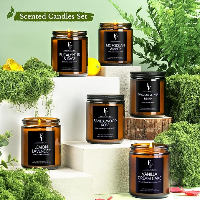 Scented Candles Set, Candles for Home Scented Soy Wax Candles, 6 Pack 42 Oz Aromatherapy Candles Gift Set for Women Men (Lemon/Vanilla/Sage/Rose/Amber/Vetiver)