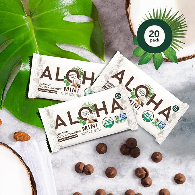 ALOHA Organic Plant Based Protein Bar MINIS |Coconut Chocolate Almond | 20 Count, 24g Bars | Vegan, Low Sugar, Gluten Free, Paleo, Low Carb, Non-GMO, Stevia Free, Soy Free, No Sugar Alcohols