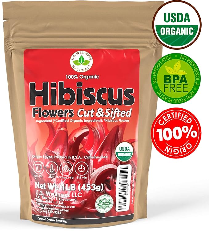 Hibiscus Tea 1LB (16Oz) 100% CERTIFIED Organic Hibiscus Flowers Herbal Tea (CUT&SIFTED), Caffeine Free Tea (200+ cups) 1 lb. Bulk Resealable BPA-Free Bag