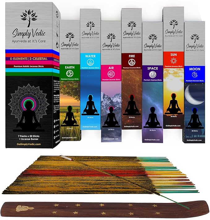 Simply Vedic Premium Incense Sticks Set of 5 Elements Earth, Water, Air, Fire, Space 2 Celestial Bodies Sun & Moon| 140 Natural Agarbatti with Burner| for Home Pooja, Meditation, Yoga, Aromatherapy