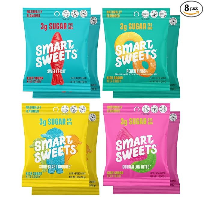 SmartSweets Variety Pack, 1.8oz (Pack of 8), Candy With Low Sugar & Calorie, Healthy Snacks For Kids & Adults - Sweet Fish, Sourmelon Bites, Peach Rings, Sour Blast Buddies