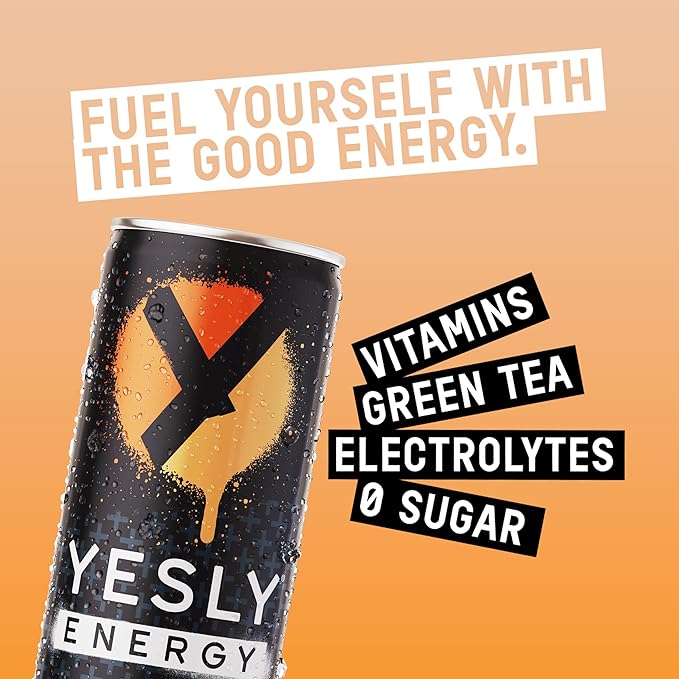 Yesly Energy Drink, Orange Cream, Naturally Flavored Sparkling Energy Drink With Electrolytes, Magnesium, Potassium, Vitamin C, B6 & B12, Natural Caffeine From Green Tea, 12 Fl Oz Cans, 12 Pack