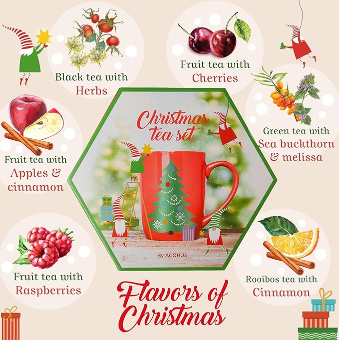 ACORUS Christmas Tea Set, Herbal Fruit Tea Gift Set, 60 Assorted Tea Bags Variety Pack, Herbal Tea and Fruit Tea Sampler, Specialty Tea Bags Individually Wrapped, Tea Gifts for Women, Men, Tea Lovers