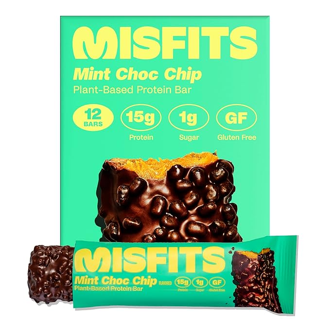 Misfits Vegan Protein Bars, Mint Chocolate Chip | Plant Based, Low Sugar & Carb, High Fiber Snacks | Pack of 12