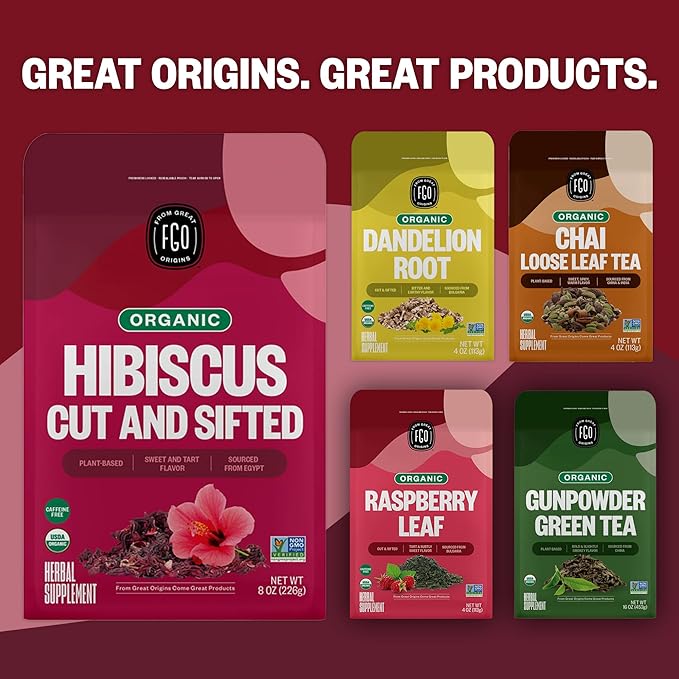 FGO Organic Hibiscus Flowers, Cut and Sifted, Loose Tea, 8oz Resealable Bag, Packaging May Vary (Pack of 1)