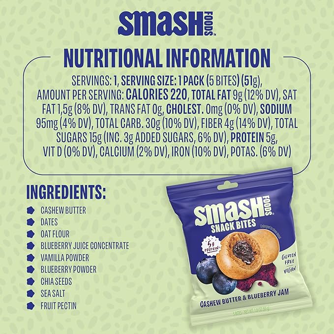 Smash Foods Blueberry Energy Bites | 5 Gluten-Free Vegan Snack Balls with No Sugar Added | 5g Protein, Superfood Jam, Chia Seeds | On-the-Go Convenience | Cashew Butter & Blueberry | 8 Packs