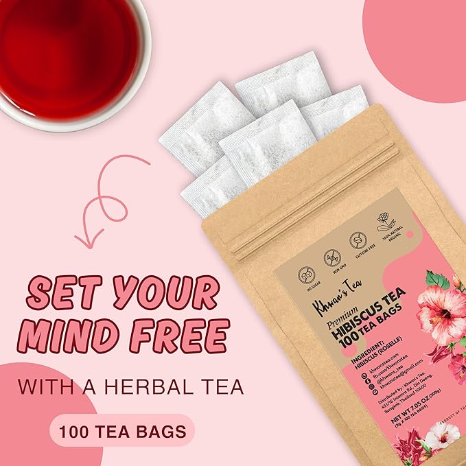 KHWAN’S TEA Roselle Hibiscus Flower Tea bags, Caffeine-Free Herbal Tea, Tart & Refreshing Flavor Hot or Iced, Premium Natural Hibiscus Infusion, Antioxidant-Rich Herbal Tea from Thailand (2g/bag)