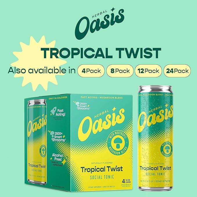 Herbal Oasis Tropical Twist 4-Pack - Mood-Boosting Mushroom Social Tonic, with Lion’s Mane, L-Theanine & Vitamin B12 - Low Calorie Vegan Drink, Non-Alcoholic for Mindfulness & Balance, 12 fl oz