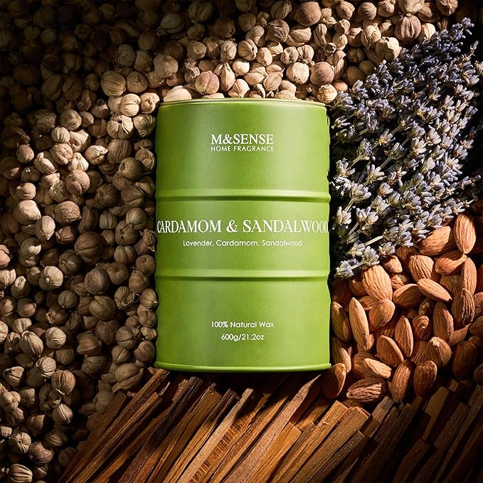 M&SENSE Cardamom Sandalwood Large Soy Scented Candles, Natural Organic Clean Burning Candles 21.2oz 120 Hours Long Lasting, Relaxing Aromatherapy Candles Gifts for Stress Relief