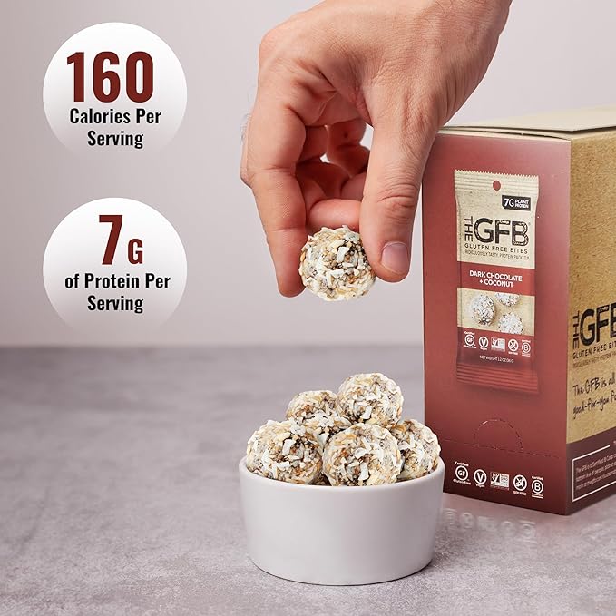 The GFB Dark Chocolate Coconut Protein Bites - Gluten Free, Plant Based, Non GMO, Sustainably Made – Ridiculously Tasty, Healthy, Vegan, Protein Energy Balls, 1.2 oz (10 count)