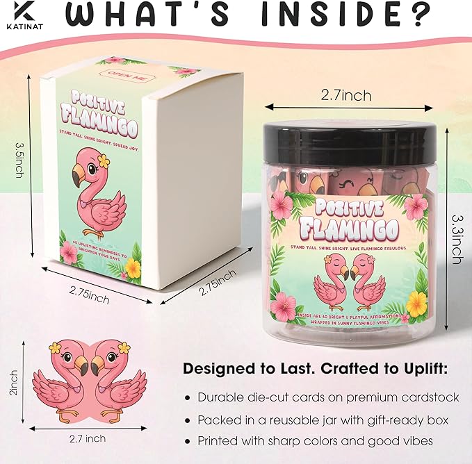 Positive Flamingo Jar ā 60 Affirmation Cards for Anxiety & Self Care, Flamingo Gifts for Women, Teens & Sister, Friends, Cards to Reduce Anxiety & Increase Relaxation, White Elephant Gifts