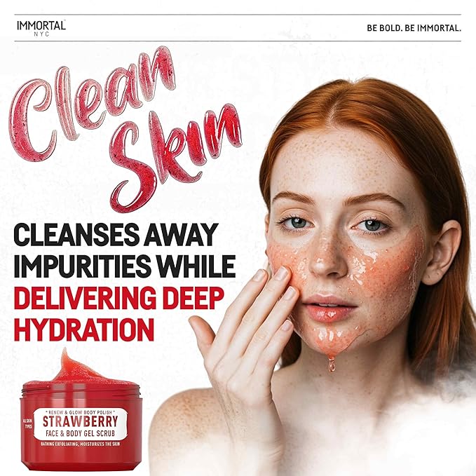 Immortal NYC Strawberry Crush Face & Body Scrub Mask Gel- Moisturizing and Exfoliating Body, Face, Hand, Foot Scrub - Fights Acne, Fine Lines & Wrinkles, Great Gifts For Women & Men - 10 oz