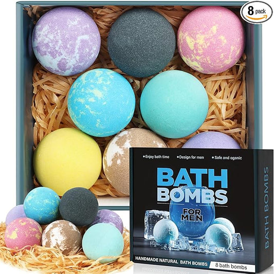 Bath Bombs for Men, 8 Pack Organic Bath Bombs Set with Natural Essential Oils, Relaxing Gifts for Men & Women, Father's Day Birthday Easter Gift for Husband Boyfriend