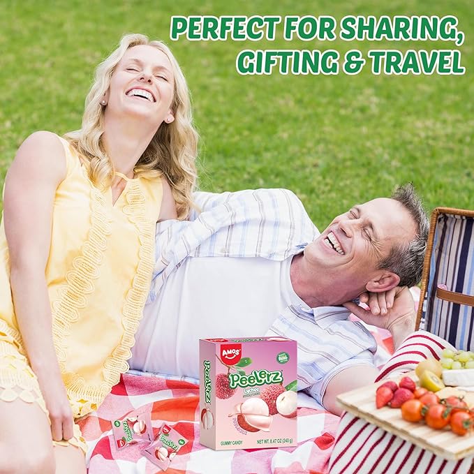 AMOS Peelerz Lychee Gummy Candy, Peelable Fruit-Shaped Candy, 8.47oz Box with 10 Individual Packs – Fun Peeling Gummy Snack Made with Real Juice