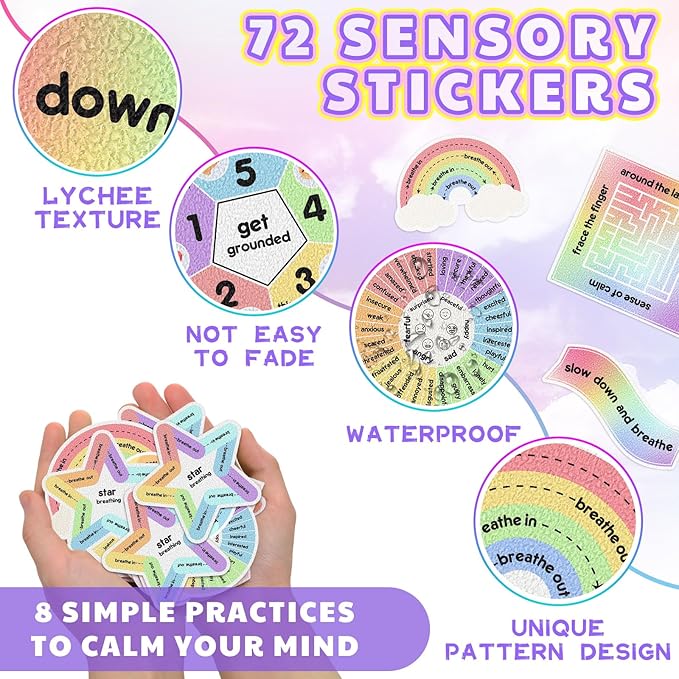 Libima 72 Pieces Anxiety Sensory Stickers Textured Stickers Fidget Mindfulness Sticker School Counselor Supplies Adult Sensory Items Anxiety Relief, 9 Styles(Rainbow Color)