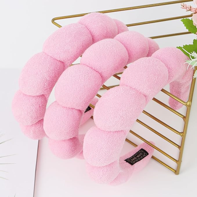WHAVEL 3 Pack Spa Headband Skincare Headbands, Makeup Headband Sponge Terry Cloth Headbands Face Wash Headband Puffy Hair Band for Washing Face Women Girls (Pink)
