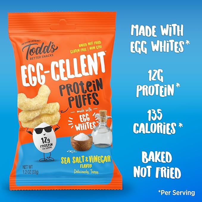 Todd's Better Snacks Egg-Cellent Protein Puffs, Sea Salt & Vinegar – 12g Protein, Gluten-Free, Paleo-Friendly, Baked, GLP-1 Compliant – Healthy Snack, Made with Egg Whites – 1.2 Oz (Pack of 10)