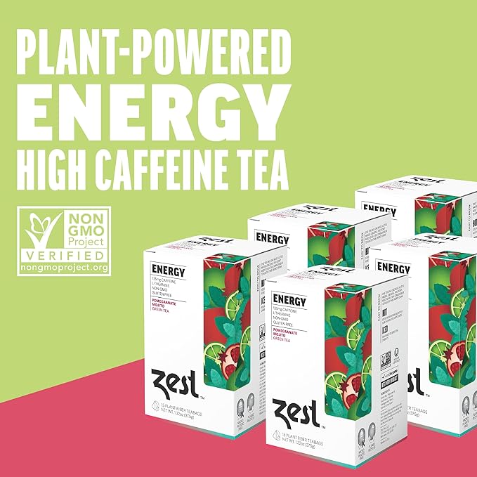 Zest Tea Premium Energy Hot Tea, High Caffeine Blend Natural & Healthy Black Coffee Substitute, Perfect for Keto, 135 mg Caffeine per Serving, Pomegranate Mojito Green Tea, Box of 15 Sachet Bags