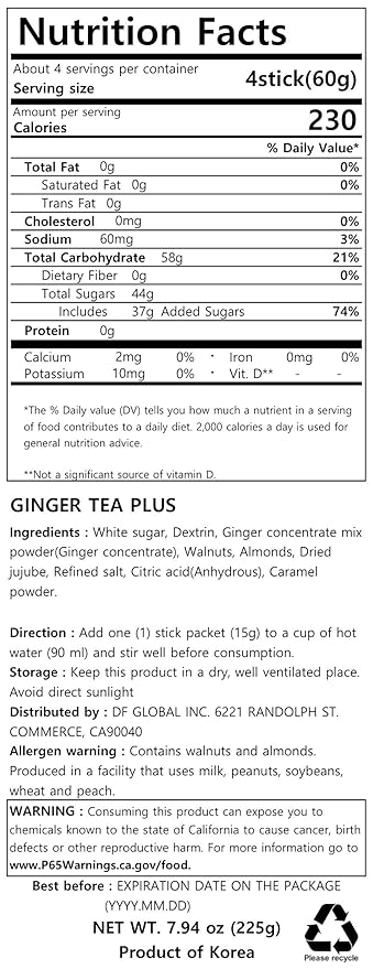 Damtuh Ginger Tea – Traditional Korean Herbal Tea Powder with Walnuts & Almonds, Jujube Blend, Instant Ginger Powdered Tea, 15g x 15 Sticks