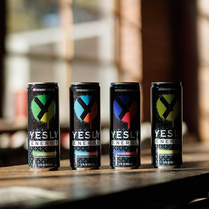 Yesly Energy Drink, Variety Pack, Naturally Flavored Sparkling Energy Drink With Electrolytes, Magnesium, Potassium, Vitamin C, B6 & B12, Natural Caffeine From Green Tea, 12 Fl Oz Cans, 12 Pack