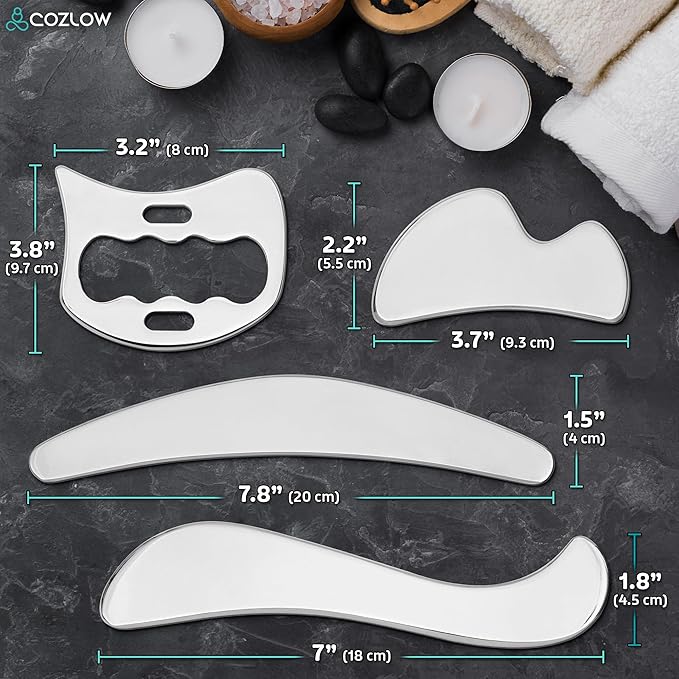 COZLOW 4-in-1 Muscle Scraper Tool Set - Skin Scraping Massage Tools for IASTM Therapy - Deep Tissue Gua Sha for Soft Tissue Mobilization, Fascia & Myofascial Release - Stainless Steel Metal Blades