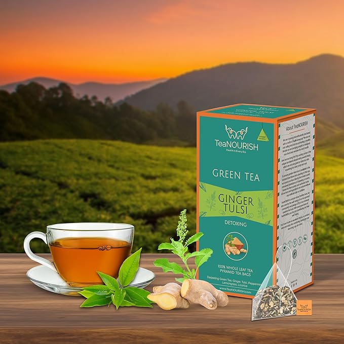 TeaNOURISH Ginger Tulsi Green Tea | 20 Count Pyramid Tea Bags | Darjeeling Whole Leaf | Indian Superfoods Ginger, Tulsi & Licorice | Relieves Stress & Aids Digestion