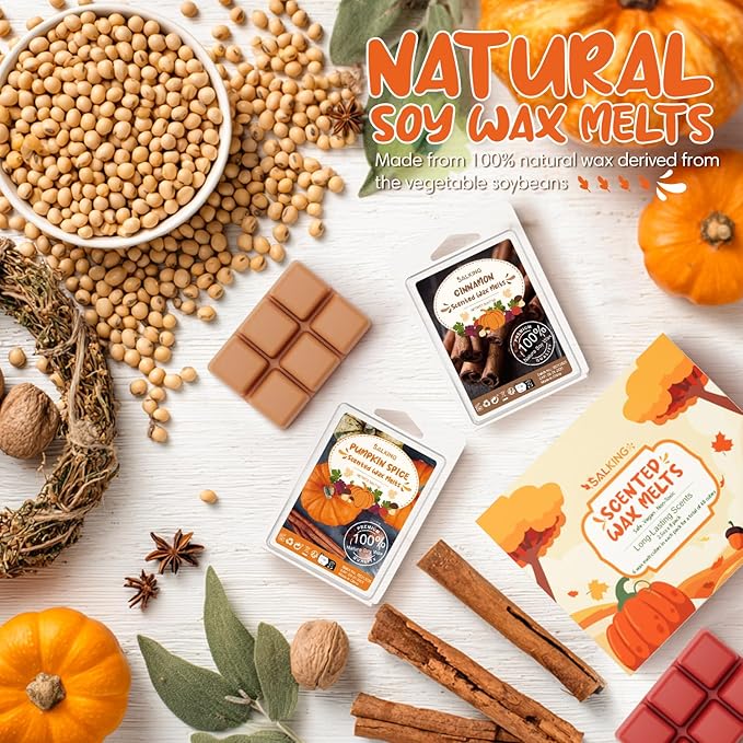 Autumn Scented Wax Melts, Fall Soy Wax Melts Gift Set, Wax Cubes/Tarts for Warmer - Pumpkin Spice, Caramel Apples, Candy Corn, Vanilla, Apple Cider, Cinnamon, Snickerdoodle, Autumn Wreath, 8x2.6 oz